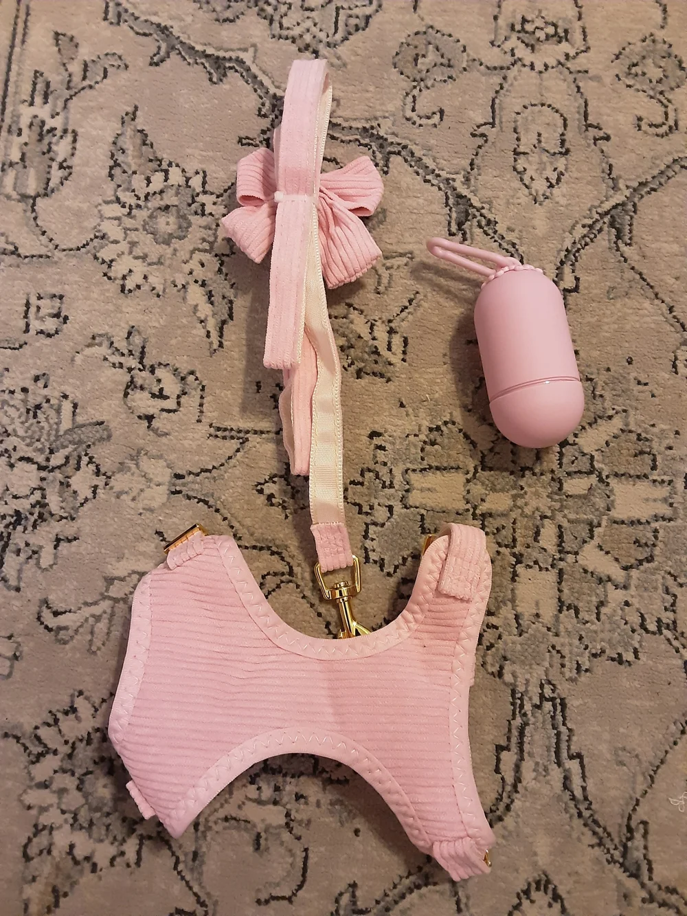 Pink Dog Harness & Leash Set with Bow and Waste Bag Holder
